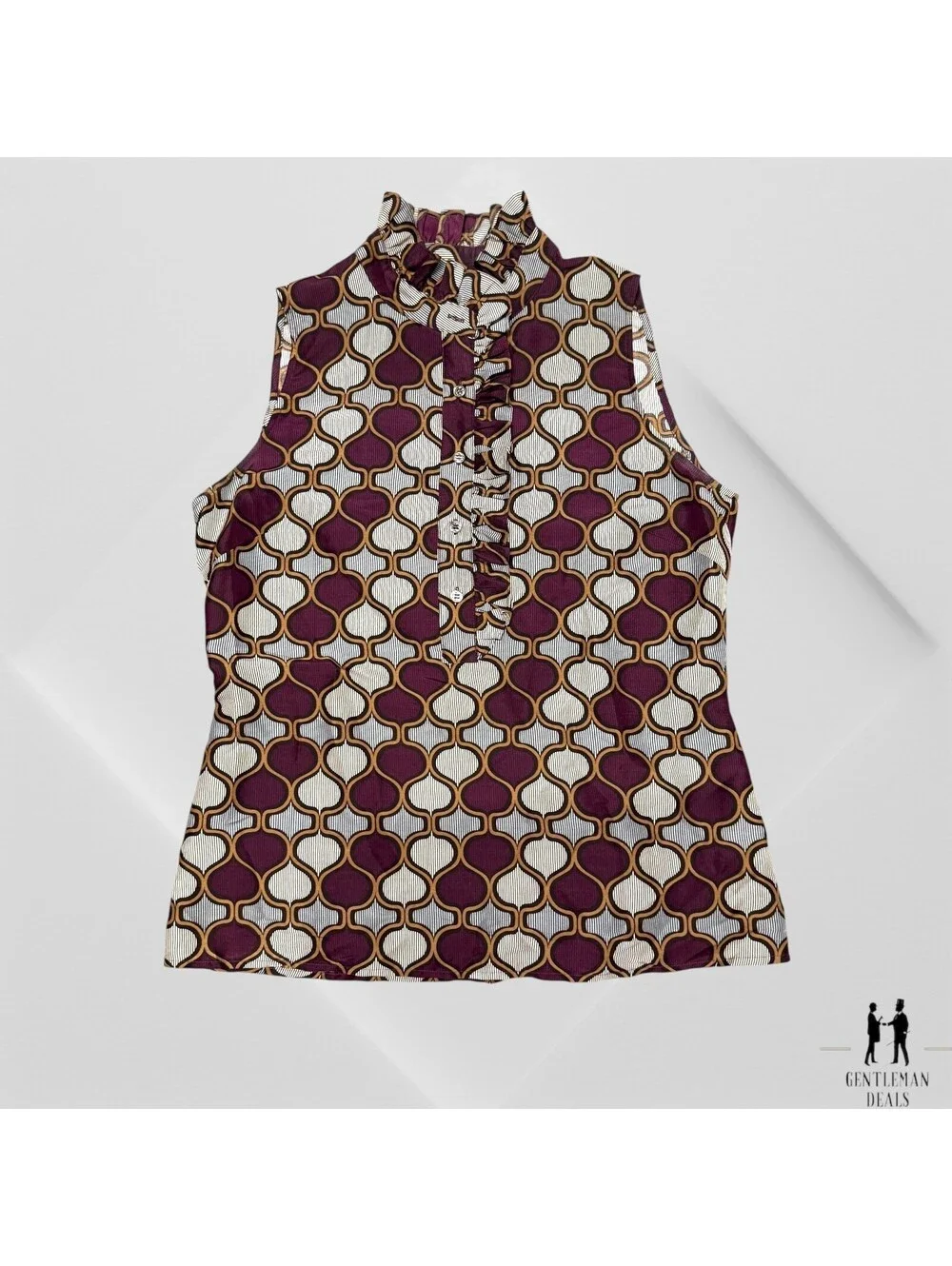 Tory Burch Top Womens 4 Popover Ruffle Collar Geometric 100% Silk Sleeveless